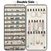 MISSLO Hanging Jewelry Organizer 40 Pockets Closet Necklace and Earring Holder with Rotating Hanger Storage Bag, Beige