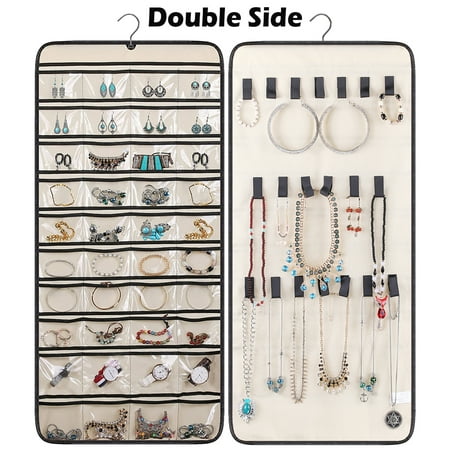 MISSLO Hanging Jewelry Organizer 40 Pockets Closet Necklace and Earring Holder with Rotating Hanger Storage Bag, Beige