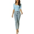 thumbnail image 2 of Camiseta de manga corta para mujer INSPIRE CHIC, de punto acanalado, ajuste ceñido, cuello cuadrado, suéter sólido, blusa, talla S, color azul, 2 of 7