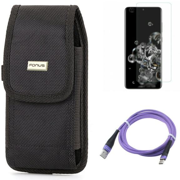 Case Belt Clip w Screen Protector w 6ft USB Cable for Samsung Galaxy S20 Ultra - Rugged Holster Canvas, Tempered Glass [Fingerprint Unlock] 3D Curved Edge, Purple Type-C Charger fits Galaxy S20 Ultra
