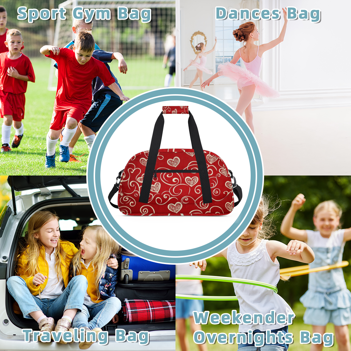 Herdesigns Red Sports Duffle Bags Travel Duffle Bag Gym Bag Heart Weekender Travel Bag Waterproof Overnight Bag Carry On Travel Tote Bag Dance Bags