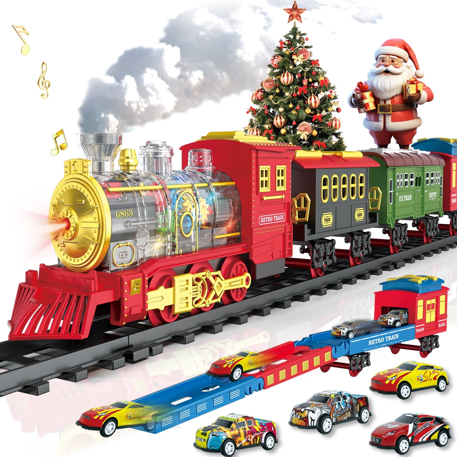 BUBUQE Electric Train Set Christmas Train Toys for Boys with Smokes, Lights and Sound (on/off) Under Christmas Tree for Kids Girls