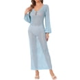 thumbnail image 2 of INSPIRAR CHIC Vestido de baño de ganchillo maxi de manga larga con escote en V y huecos para mujeres S Azul, 2 of 6