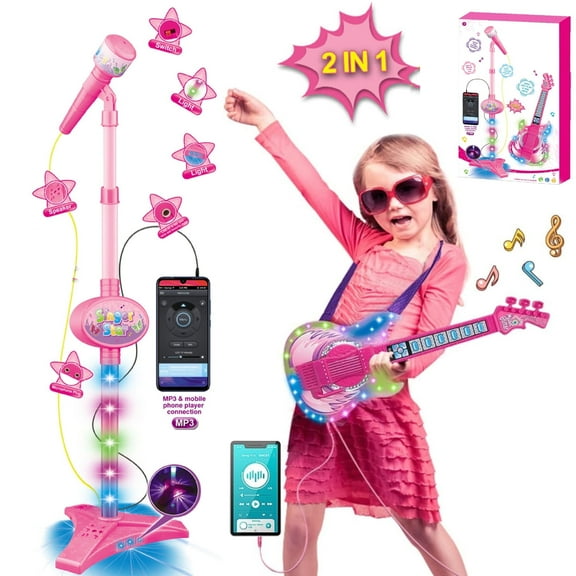 Hinzonek  kid Electric Guitar Kit with Microphone,Guitar Toys with Music&Colorful Light,Adjustable Height Microphone with Stand,Karaoke Toys Gift for Boy,Girls,Toddlers