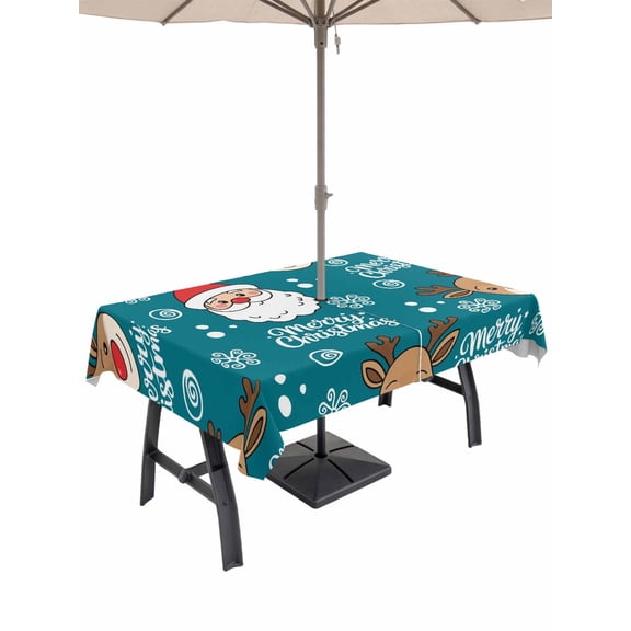 Outdoor Tablecloth with Umbrella Hole and Zipper, Christmas Santa Claus Rectangle Table Cloth 60x102 Inch Waterproof Tablecloth, Cartoon Xmas Elk Snowflakes Blue Picnic Table Cover for Patio Camping