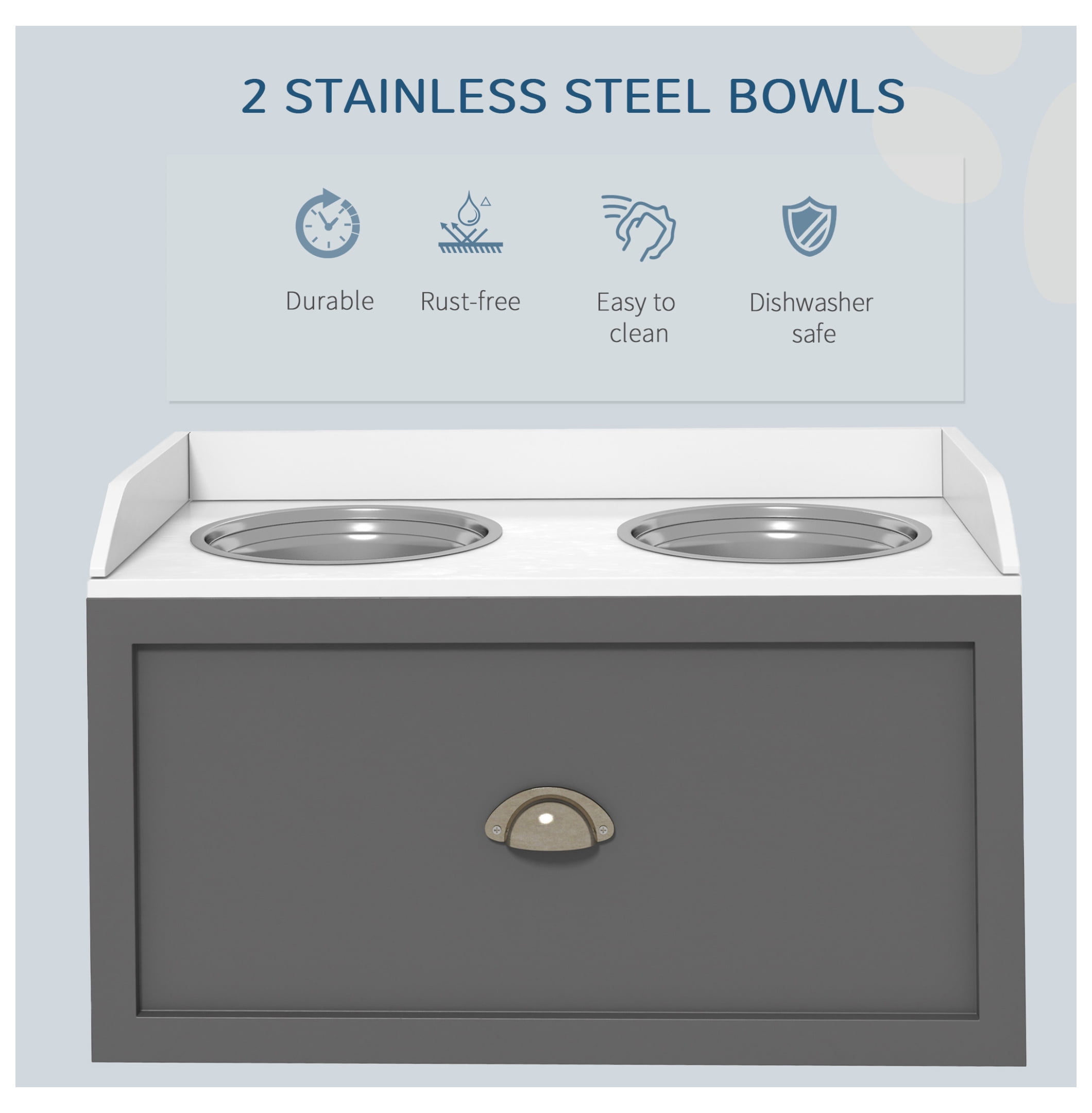 Dog Feeding Station Elevated Bowls, Large Dog Bowls with Storage, 2 Stainless Steel Bowls, Gray