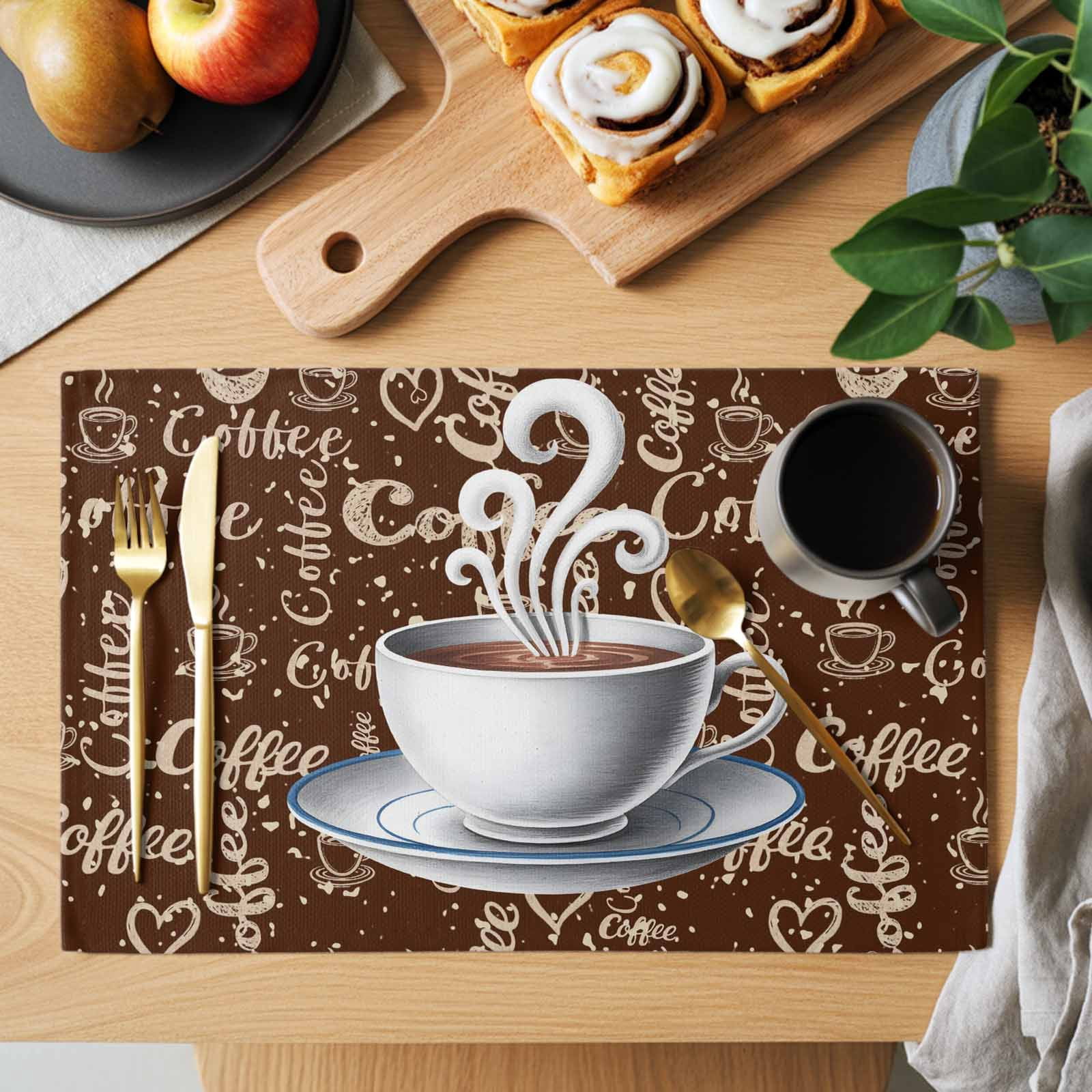 Placemat Set of 4 Coffee Theme Vintage Placemats for Dining Table Retro Country Brown Washable Table Mats for Kitchen and Party Decor Indoor & Outdoor Use