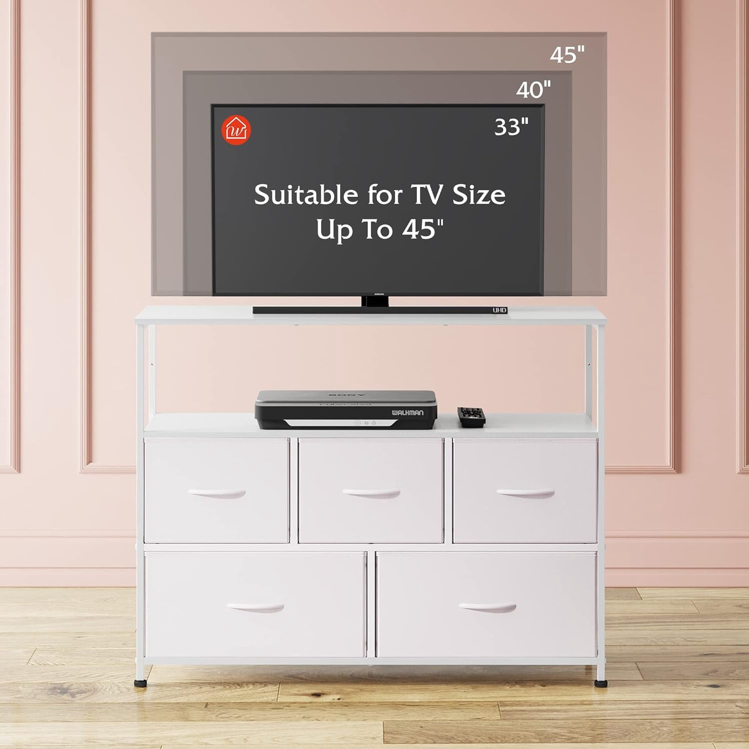 White Dresser, Modern Simple TV Cabinet with Storage Drawers, Fabric TV Console, Media Gaming Stand for Living Room, Bedroom