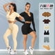 thumbnail image 5 of Conjunto de yoga acanalado para mujer, top corto de manga larga, pantalones cortos, conjunto de mallas, traje de fitness sin costuras, ropa activa sólida para gimnasio, ropa de entrenamiento, 5 of 5