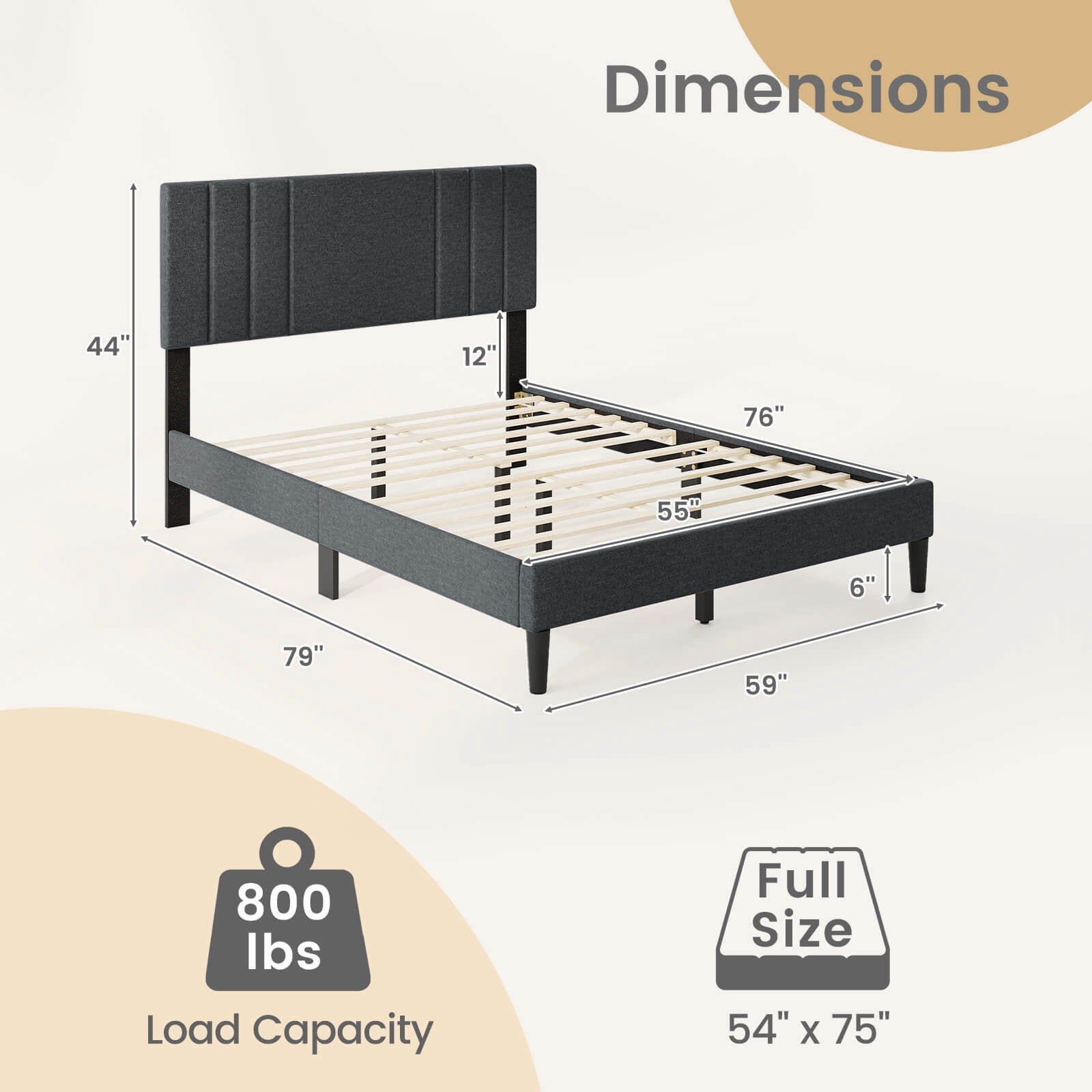 Infans Full Size Bed Frame with Vertical Channel Tufted Headboard & Wooden Slats
