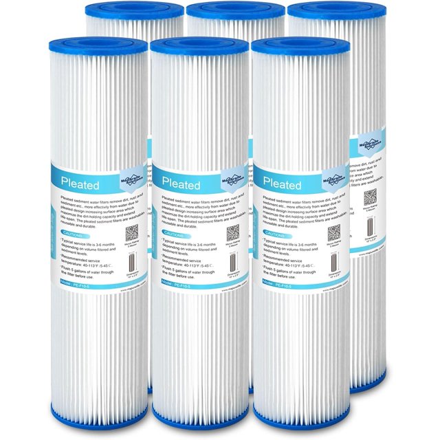Membrane Solutions 5 Micron Pleated Polyester Sediment Water Filter 10"x2.5" Replacement Cartridge Universal Whole House Pre-Filter Compatible with W50PE, WFPFC3002, SPC-25-1050, FM-50-975 - 6 Pack