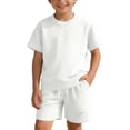 thumbnail image 4 of SGFCWSX Boys 2 Piece Outfits Waffle Knit Short Sleeve T-shirt and Shorts Set Summer Casual Athletic Clothes with Pockets White Size 4T, 4 of 7