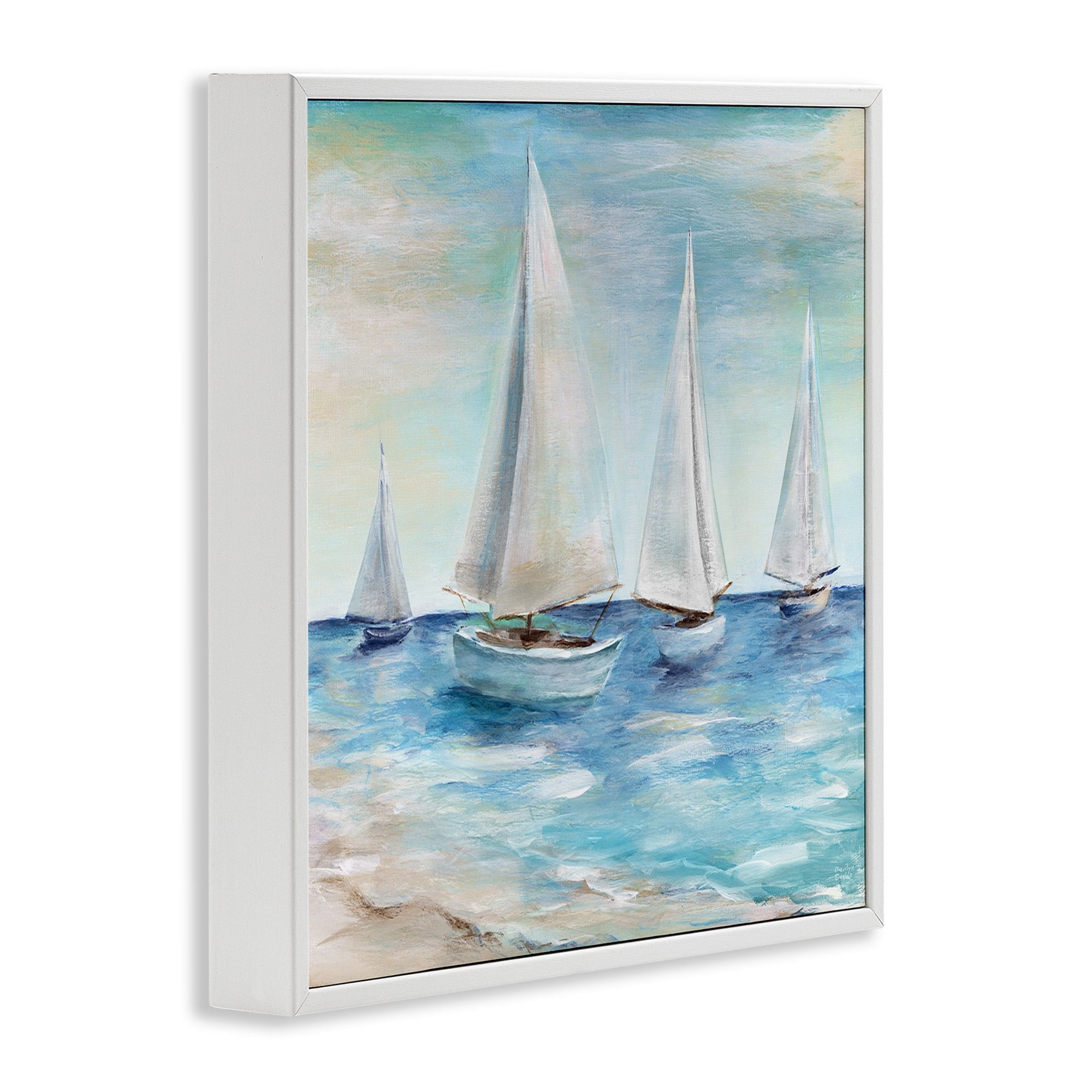 Stupell Industries Sailboats Floating Peacefully Daytime Beach Shoreline Painting Painting White Framed Art Print Wall Art, Design by Marilyn Dunlap