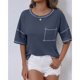 thumbnail image 3 of Camisetas Casuales de Mujer Nueva Camiseta de Manga Corta de Cuello U de Color Sólido de Verano, Poliéster, 3 of 7