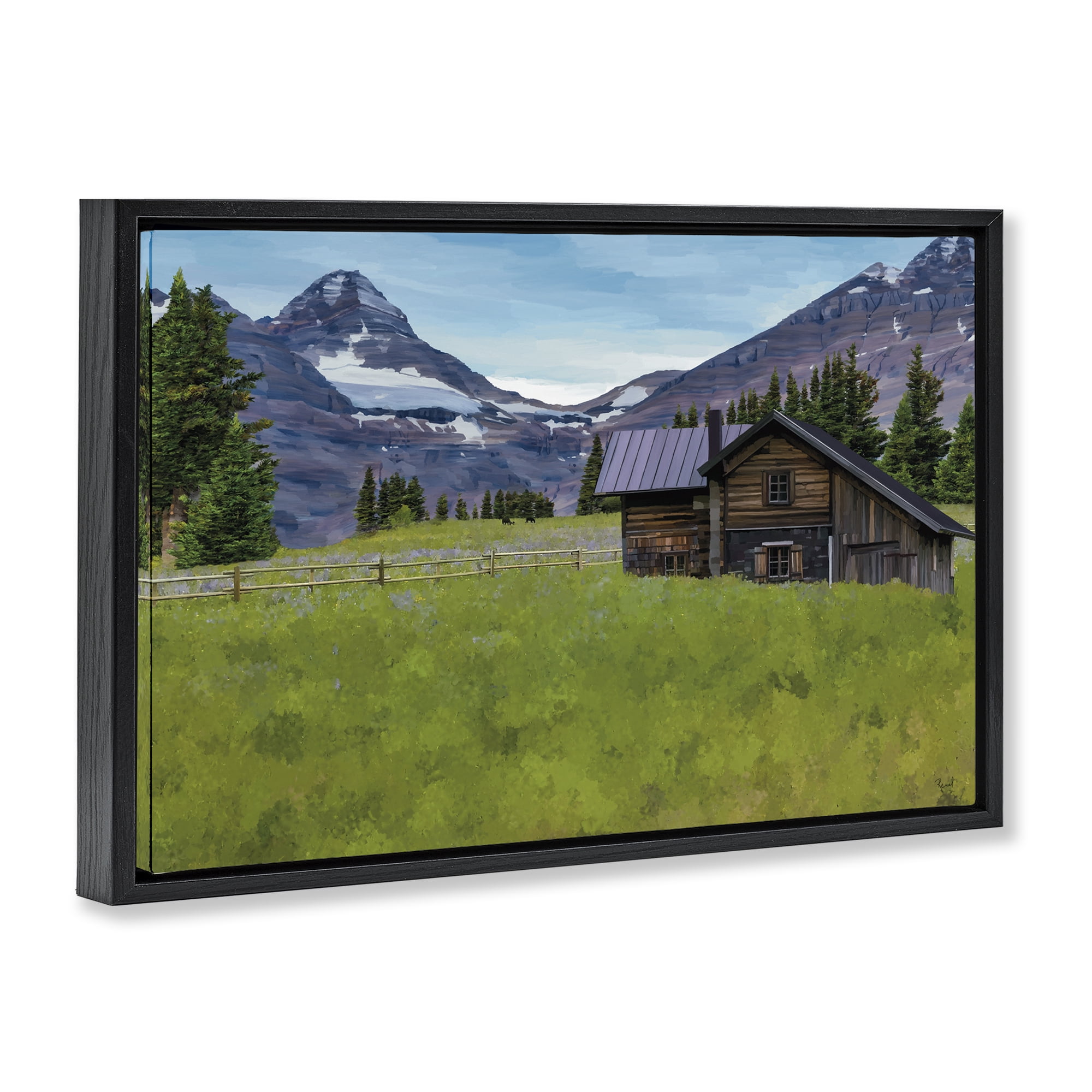 Stupell Industries Cabin on Ranch Landscape Landscape & Nature Painting Black Floater Framed Canvas Art Print Wall Art, 25 x 17