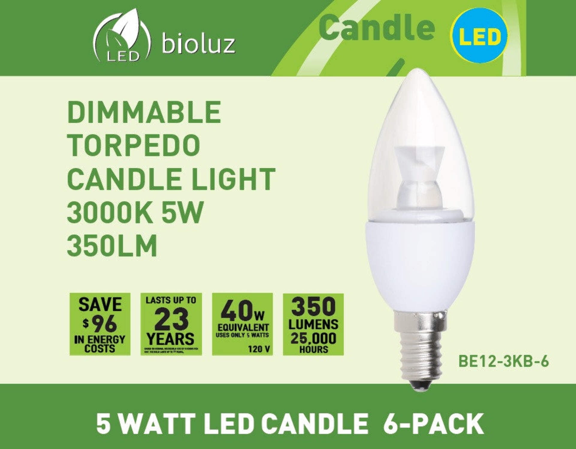 Bioluz LED 40W Candelabra Bulbs B10 B11 C37 3000K Soft White UL Listed E12 Base