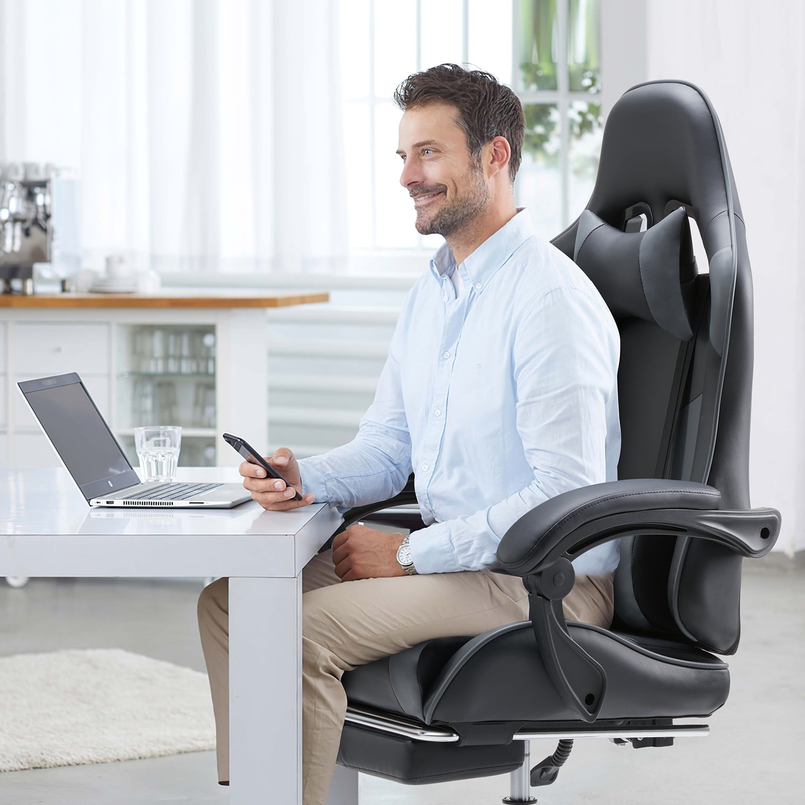 JIOABL Ergonomic Gaming Chair With Headrest And Lumbar Pillow,Height Adjustable With 360°-Swivel Seat,Grey