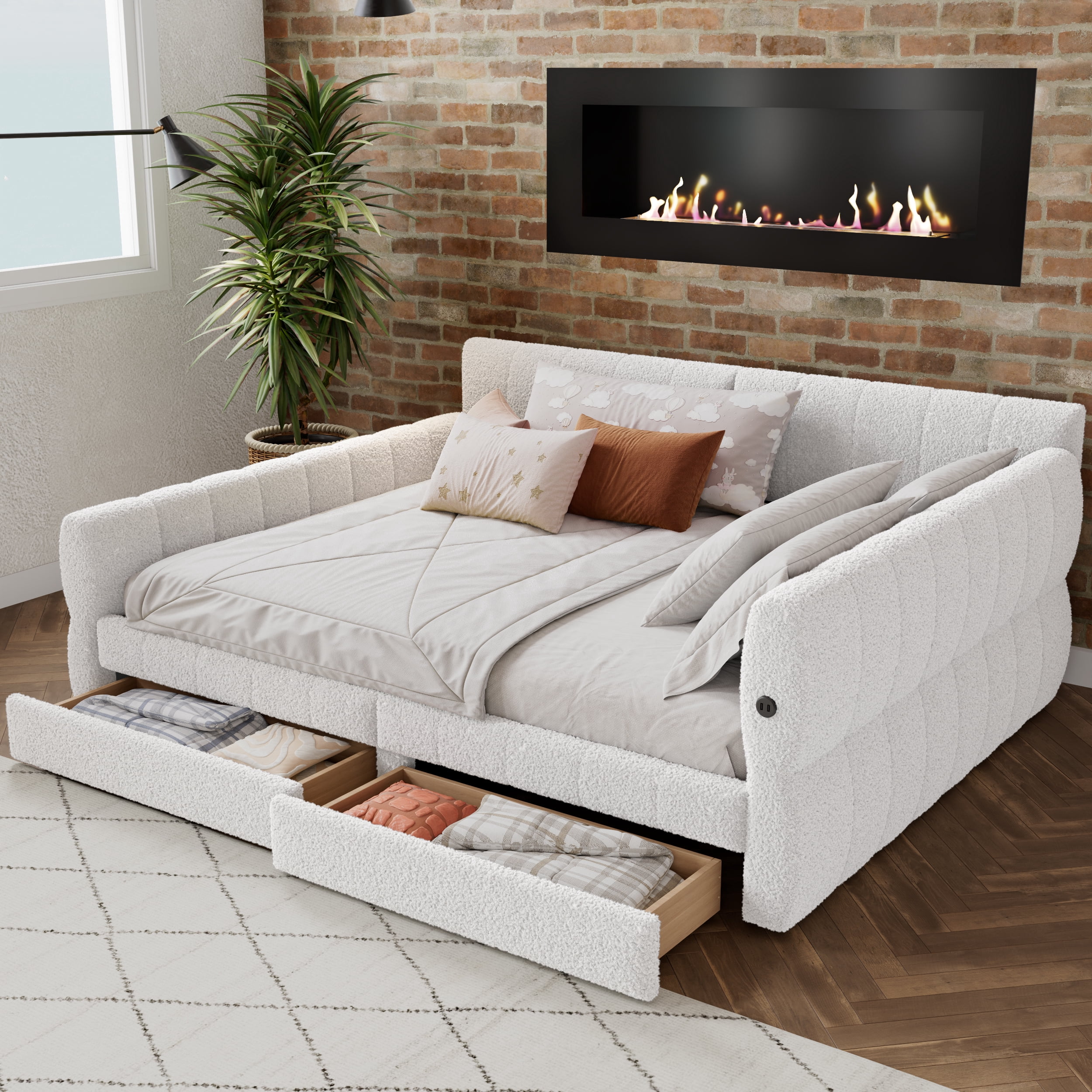 Euroco Upholstered King Size Platform Bed with Drawers and USB Ports, White