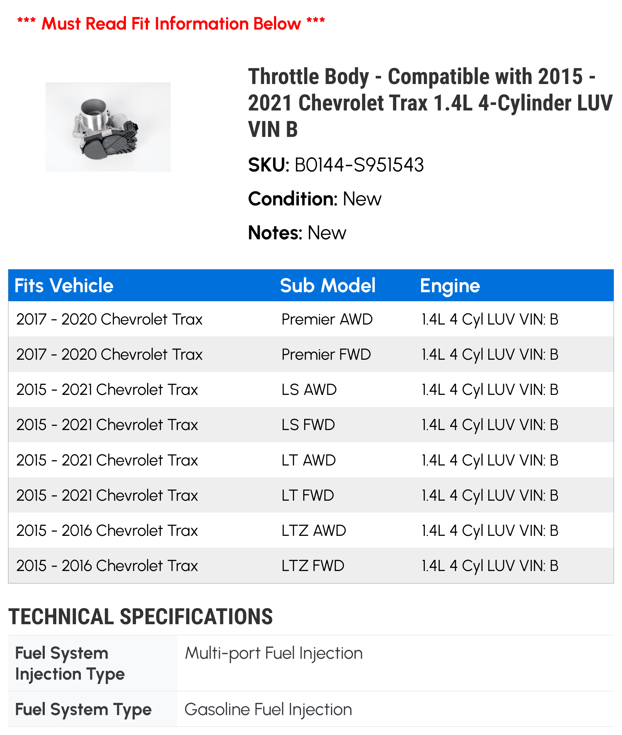 Throttle Body - Compatible with 2015 - 2021 Chevy Trax 1.4L 4-Cylinder LUV VIN B 2016 2017 2018 2019 2020