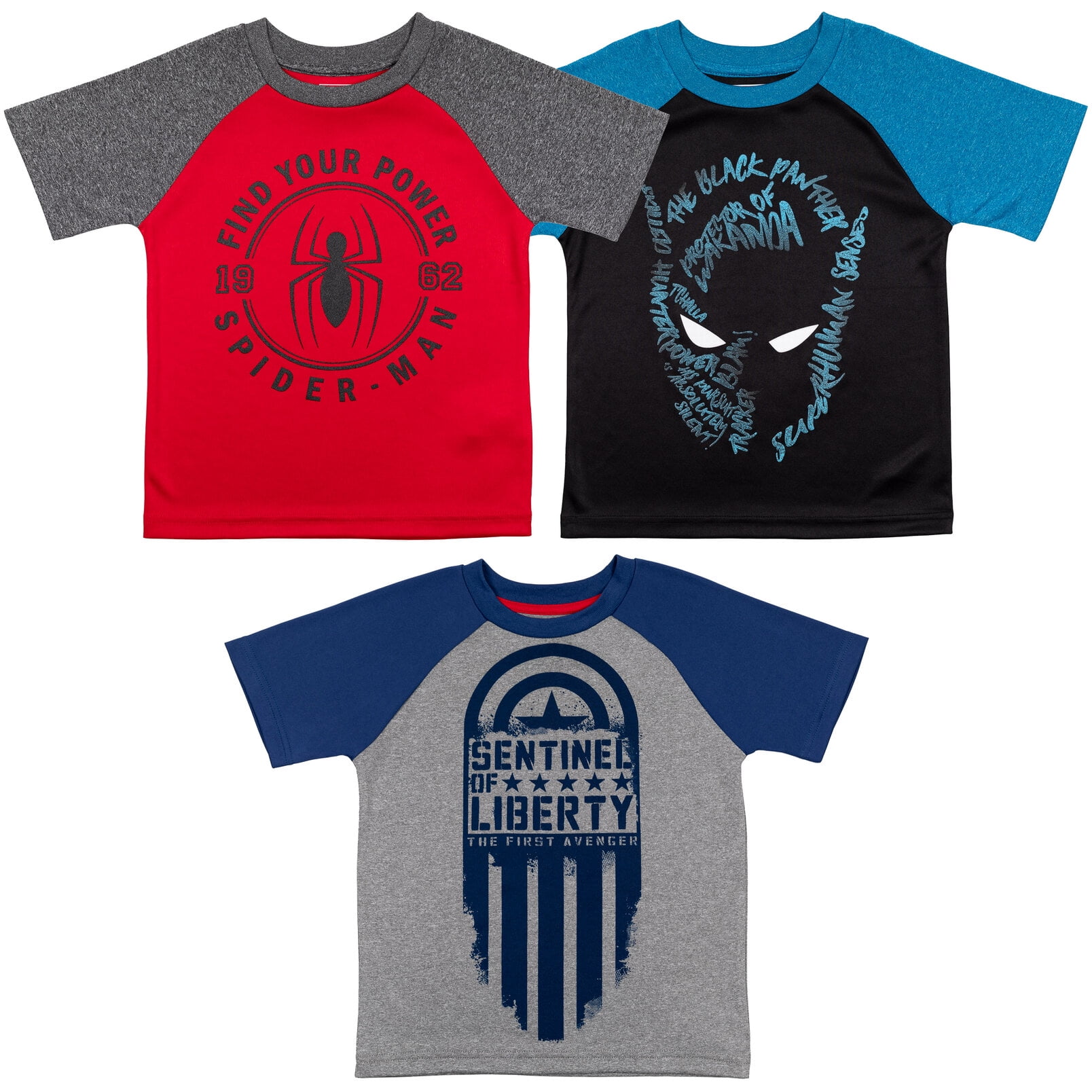 Marvel Avengers Spider-Man Captain America Black Panther 3 Pack T-Shirt Little Kid to Big