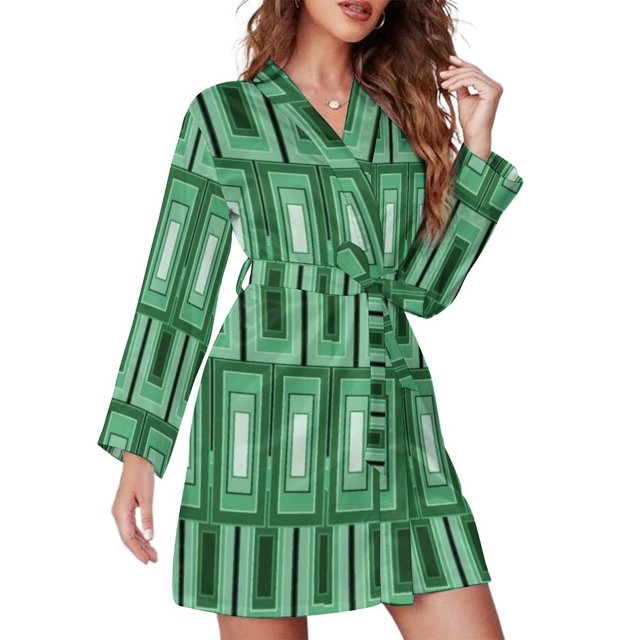 Mid-Century Print Pajama Robe V Neck Abstract Turquoise Retro Sleepwear Lady Long Sleeve Soft Pajamas Robes Spring Room Dresses