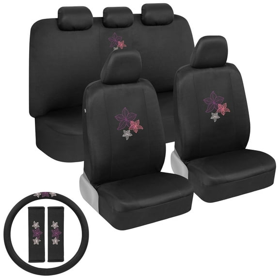 BDK Hawaiian Flowers Car Seat Covers Full Set with Steering Wheel Cover and Seat Belt Pads – Front and Rear Covers with Matching Embroidered Accessories, Universal Fit for Cars Trucks Vans SUVs