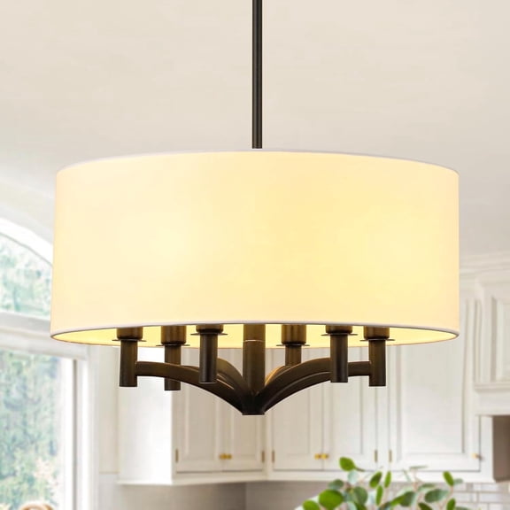 DingLiLighting 6 Light Farbic Flush Mount Ceiling Light Drum Pendant Light Close to Ceiling Light Fixture for Living Room, Dining, Bedroom, Kitchen, Hallway