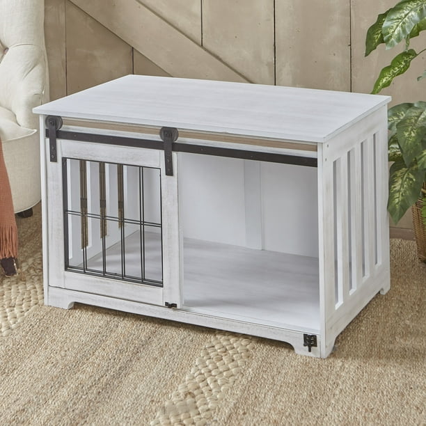 Barn Door Pet Crate End Table with Sliding Door for Dogs, Cats (White