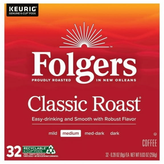2X - Folgers Classic Roast Coffee, Medium Roast, 32 Keurig K-Cup Pods
