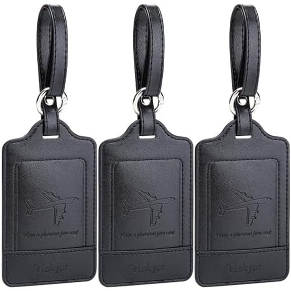 Luggage Tags, 3 Pack Premium PU Leather Luggage Tags Privacy Protection Travel Bag Labels Suitcase Tags Black Solid Pattern