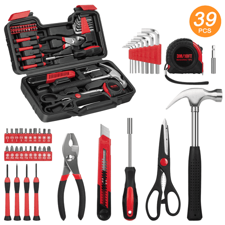 39 Piece Tool Sets All Purpose Household Tool Kit, General Basic Home Tool Set Case with Toolbox Great for Girls Ladies and Women, Household Hand Kit for Home Garage Office College Dormitory, Red