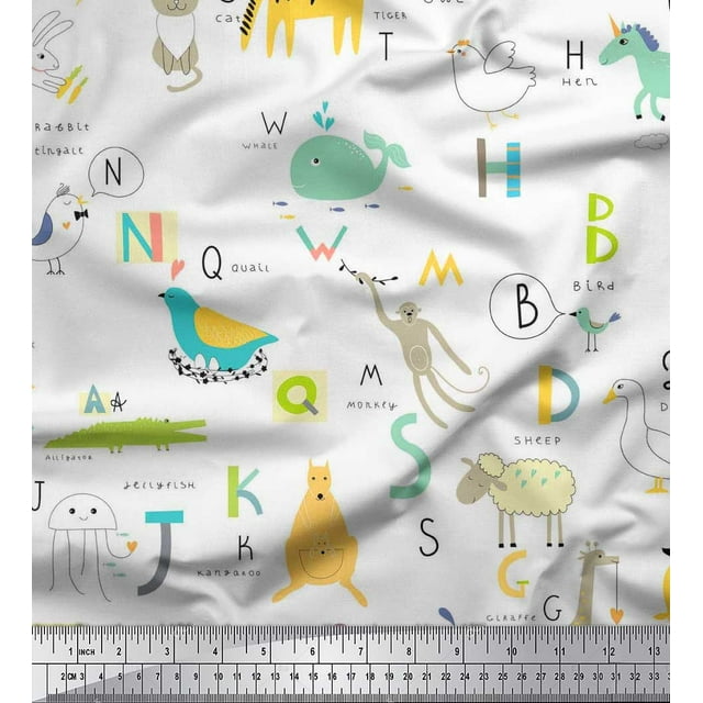Soimoi Satin Silk Fabric Alphabets,Birds & Animals Kids Fabric Prints By Yard 42 Inch Wide