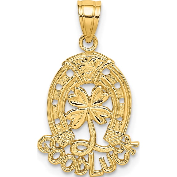 14K Yellow Gold Good Luck Horseshoe And Clover Charm (20.35 X 13.3) Made In United States d4047