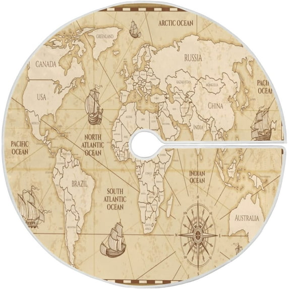 FMSHPON World Map Compass Ship Xmas Christmas Tree Skirt Stand Mat for Holiday Party Decoration Indoor Outdoor 48 inches