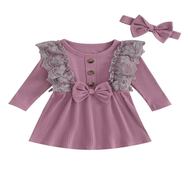 OUSITAID Robe d'Automne pour Bébé Fille Manches Longues Côtelées Robe Princesse Ligne A avec Bandeau