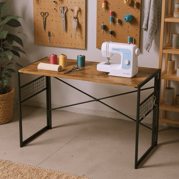 Homy Casa 39″ Folding Craft and Sewing Table with Storage Grid, Rustic Wood Work Desk