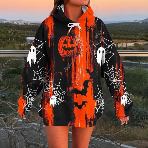 BRGZLK Women's Halloween Hoodies Trendy Horror Skeleton Pumpkin Long Sleeve Hooded Drawstring Sweatshirt Oversize Crewneck Hooded Tops for Casual Festive Wear Black A XXL