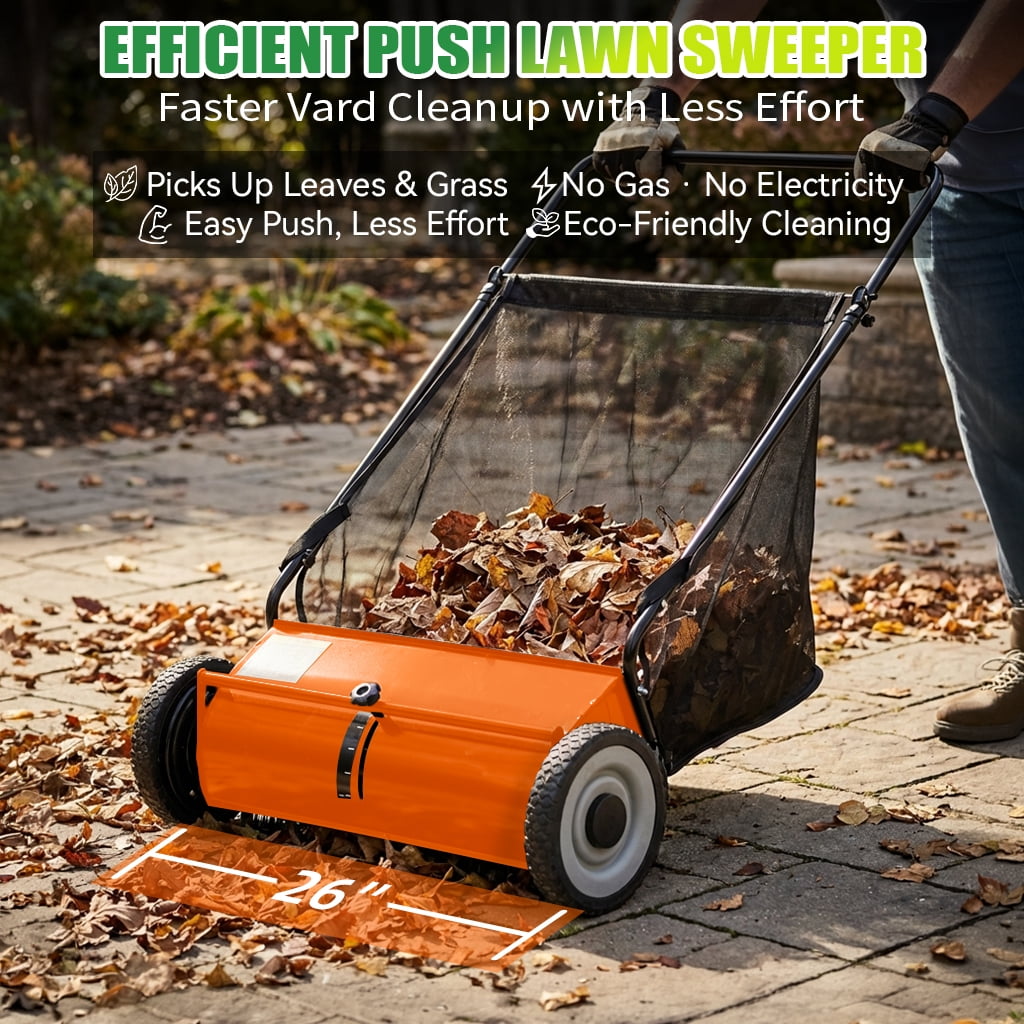 26" Push Lawn Sweeper, 7 cu.ft Large Capacity Yard Sweeper Push, Leaf Collector with Detachable Hopper, Rubber Wheels, Ergonomic Handle for Lawns, Yards & Gardens,Adjustable Height,Orange