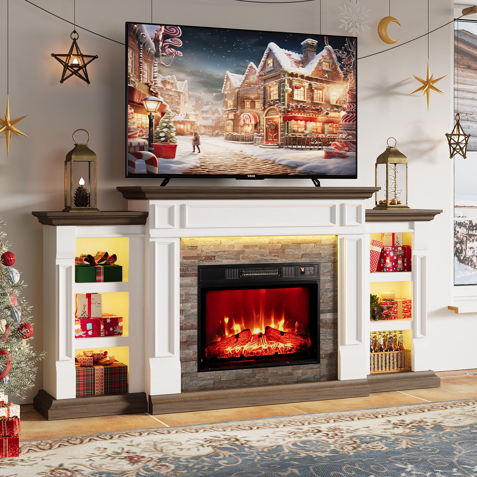 Electric Fireplace with 70" Mantel & LED Lights, Stacked Stone Surround with 23" Fireplace Insert, Adjustable Flame, Remote Control, White & Brown