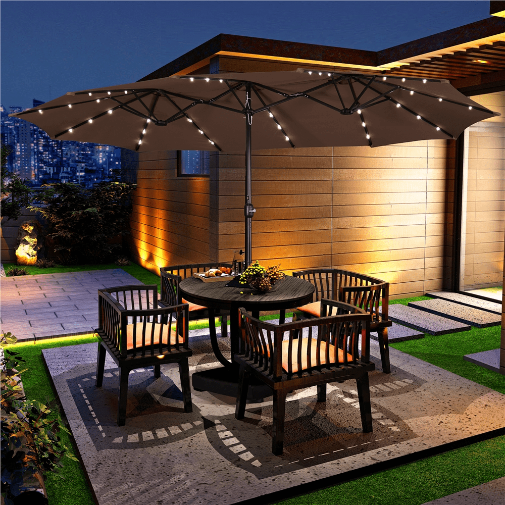 Renwick 15 ft Twin Patio Parasol Umbrella with Base & LED Lights, Brown