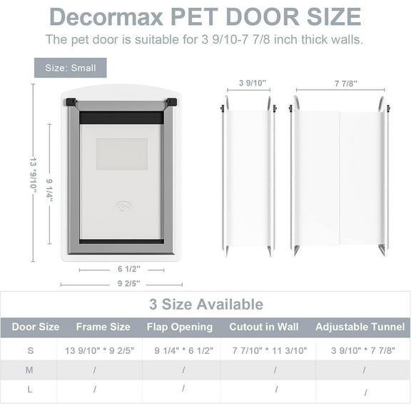 Cat Door for Wall, Energy Efficient Pet Door with Steel Frame, Telescoping Tunnel, Double Magnetic Flaps and Two Sliding Lock Panels, Easy to Install, Milky White, Small