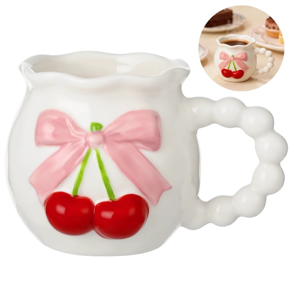 Embossed Cherry Ceramic Coffee Mug, 11.5oz / 340ml Bow Mug with Elegant Floral Rim and Handle, Water Cup for Home, Office, Microwave and Dishwasher Safe