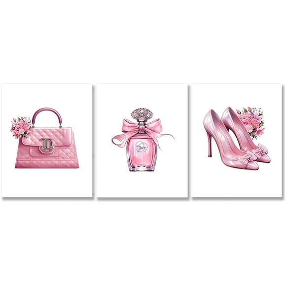 Fashion Pink Paris Coco Wall Art Canvas Print, Handbag Perfume High Heels Decor Poster Couture Fashionista Designer Pictures for Woman Girl Bedroom Spa Makeup Room , Set Of 3 8X10 Unframed