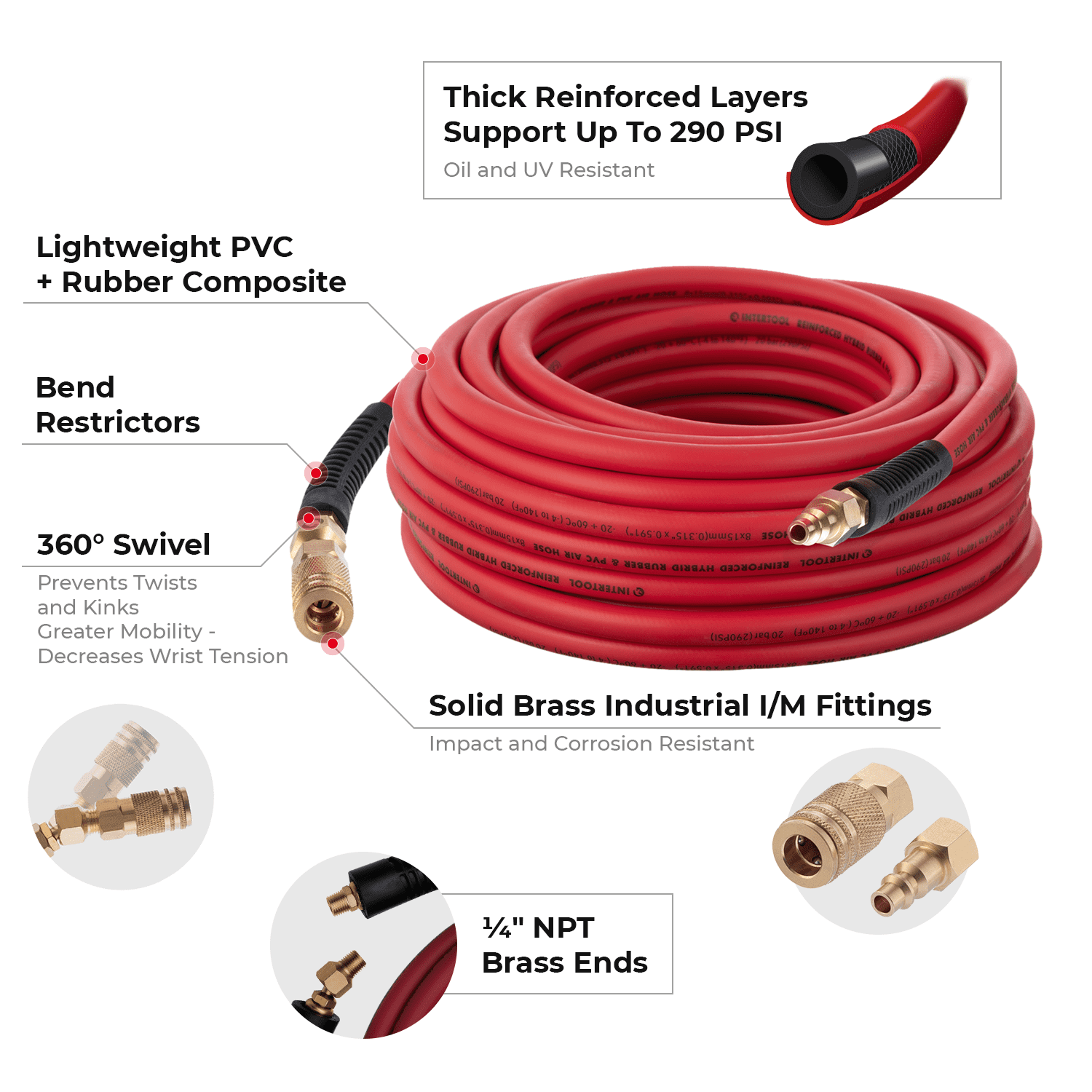 INTERTOOL Hybrid Air Hose 3/8-Inch LITE (5/16”) x 50 Ft, Heavy Duty Reinforced Lining, Lightweight Flexibility, All-Weather Kink Resistance, 1/4" MNPT, Brass Fittings, Plug, Quick Coupler PT08-1772