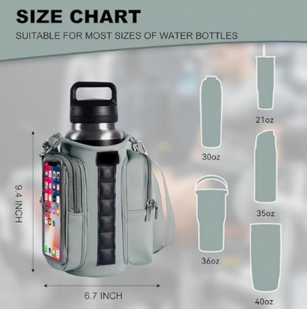 Magnetic Gym Water Bottle Bag with Transparent Window, Fits 21-40 oz