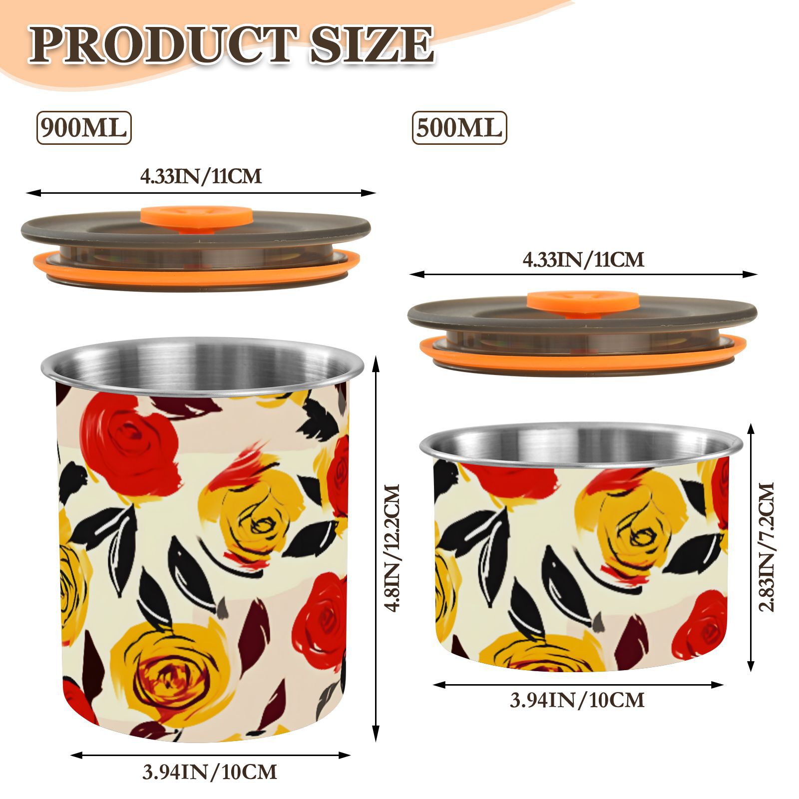 Yellow & Red Rose Flowers Airtight Coffee Bean Canister 30oz Food Storage Containers with Lids For Gournd, Tea, Sugar, Flour, Rice, Cereal, Candy Cookie Jar