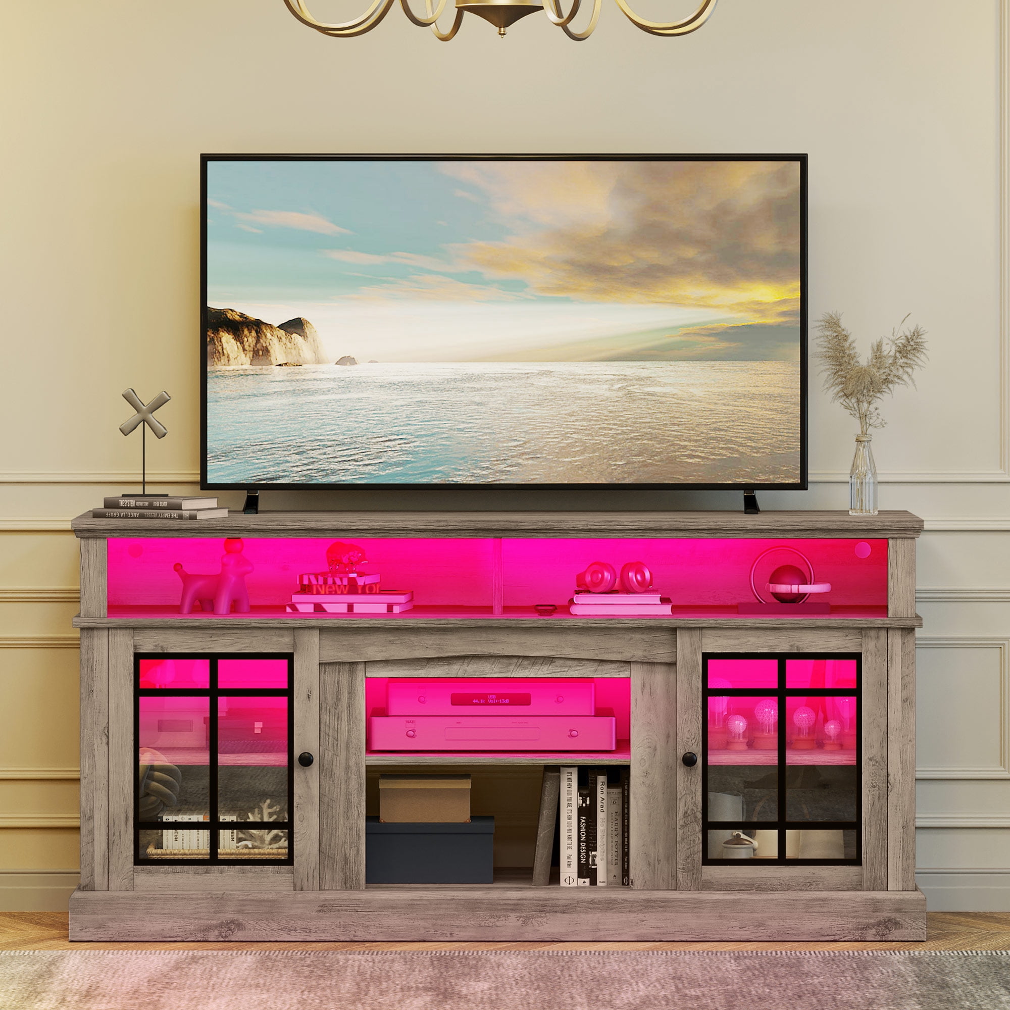 Uforic Farmhouse LED TV Stand for TV up to 70" with Glass Door, Wood TV Media Console for Living Room, Rustic Oak