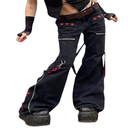 Womens Gothic Punk Cargo Pants High Waist Flare Pants Wide Leg