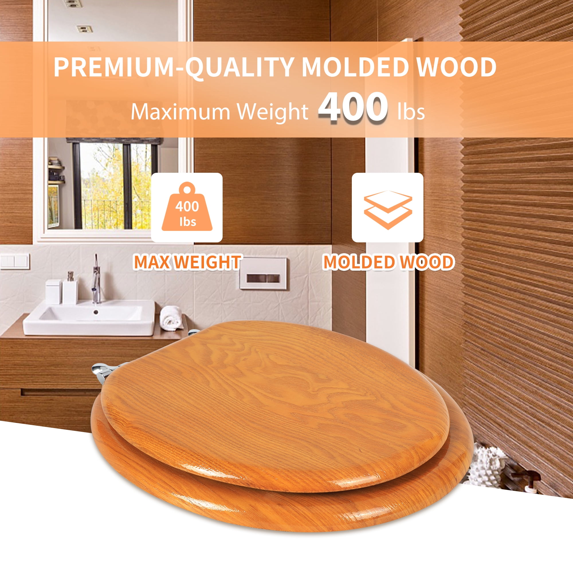 Angol Shiold Wood Round Toilet Seat, Easy Clean, Metal Hinges ( Round 16.5'', Warm Brown )