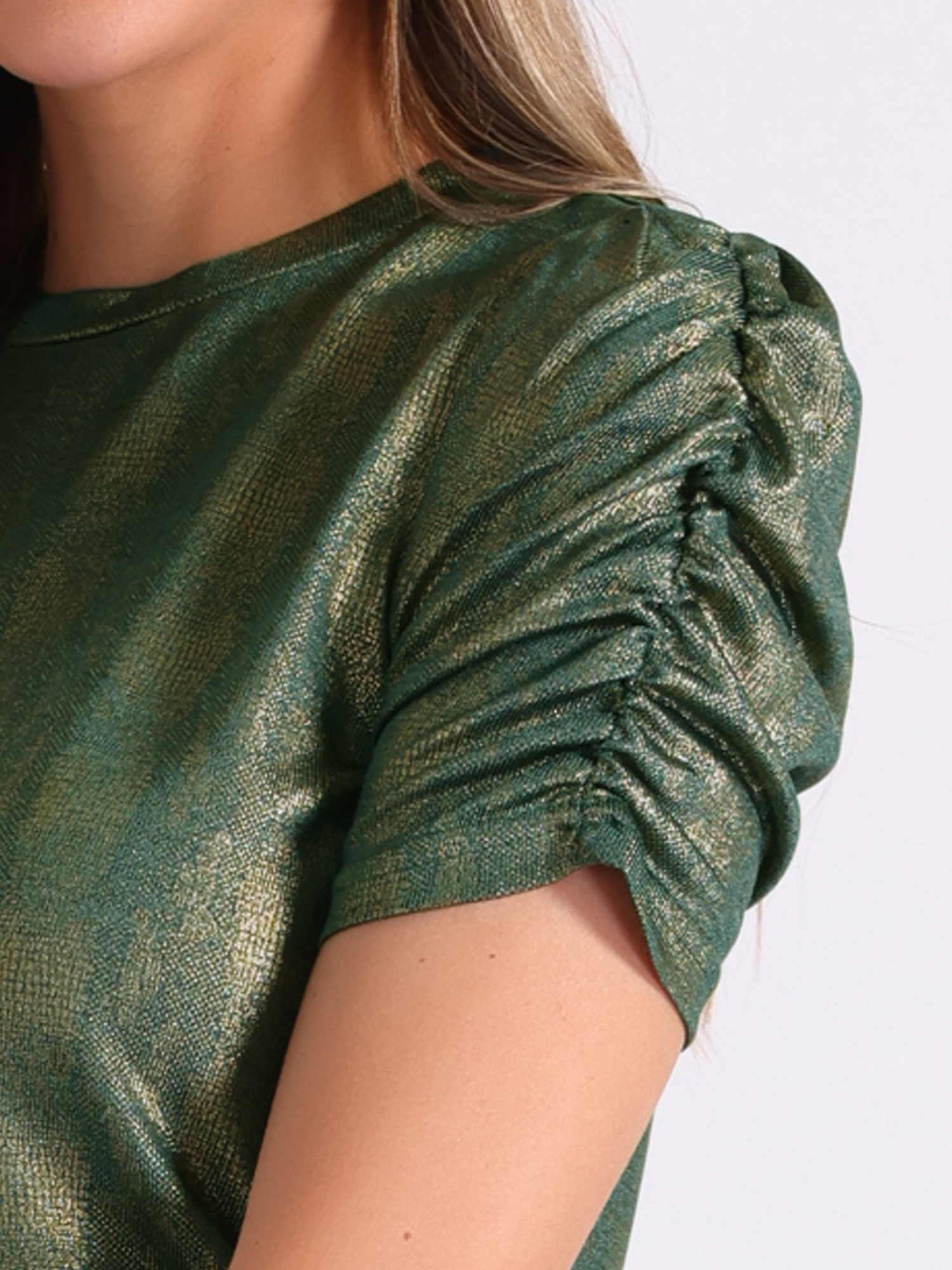 DARING DIVA Women's Twist Round Neck Puff Sleeve Stretch T-Shirt S Green Gold
